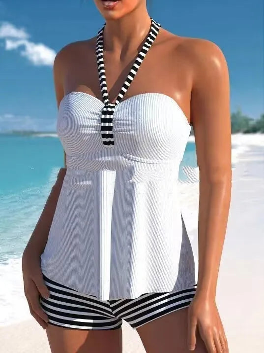 Women's off-shoulder black and white striped swimsuit with brief style design
