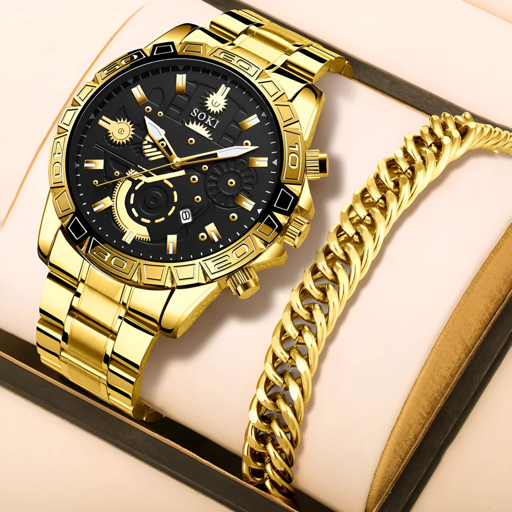 Gold men's business calendar quartz watch with stainless steel bracelet and single folding buckle