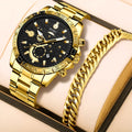 Gold men's business calendar quartz watch with stainless steel bracelet and single folding buckle