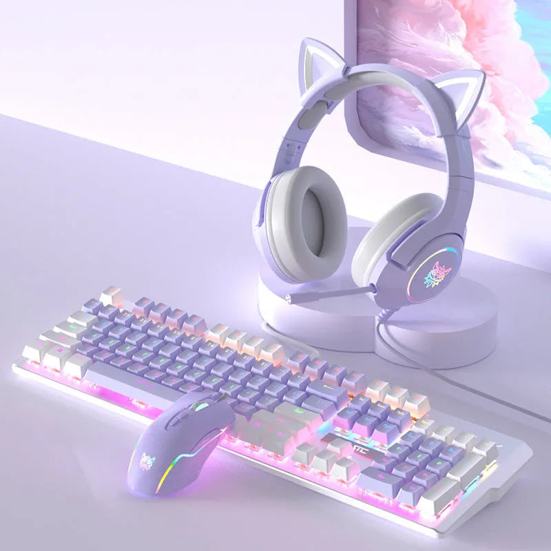 Purple and white wired mechanical keyboard and mouse set with backlight illumination