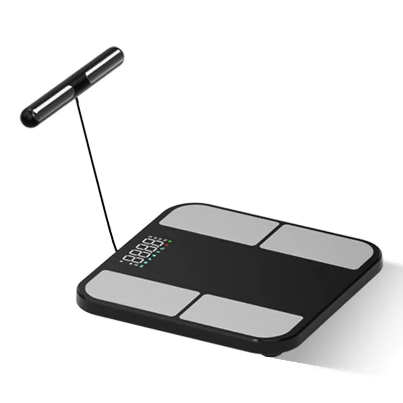 Black electronic household scale with colour display on tempered glass platform for weight and body fat measurement