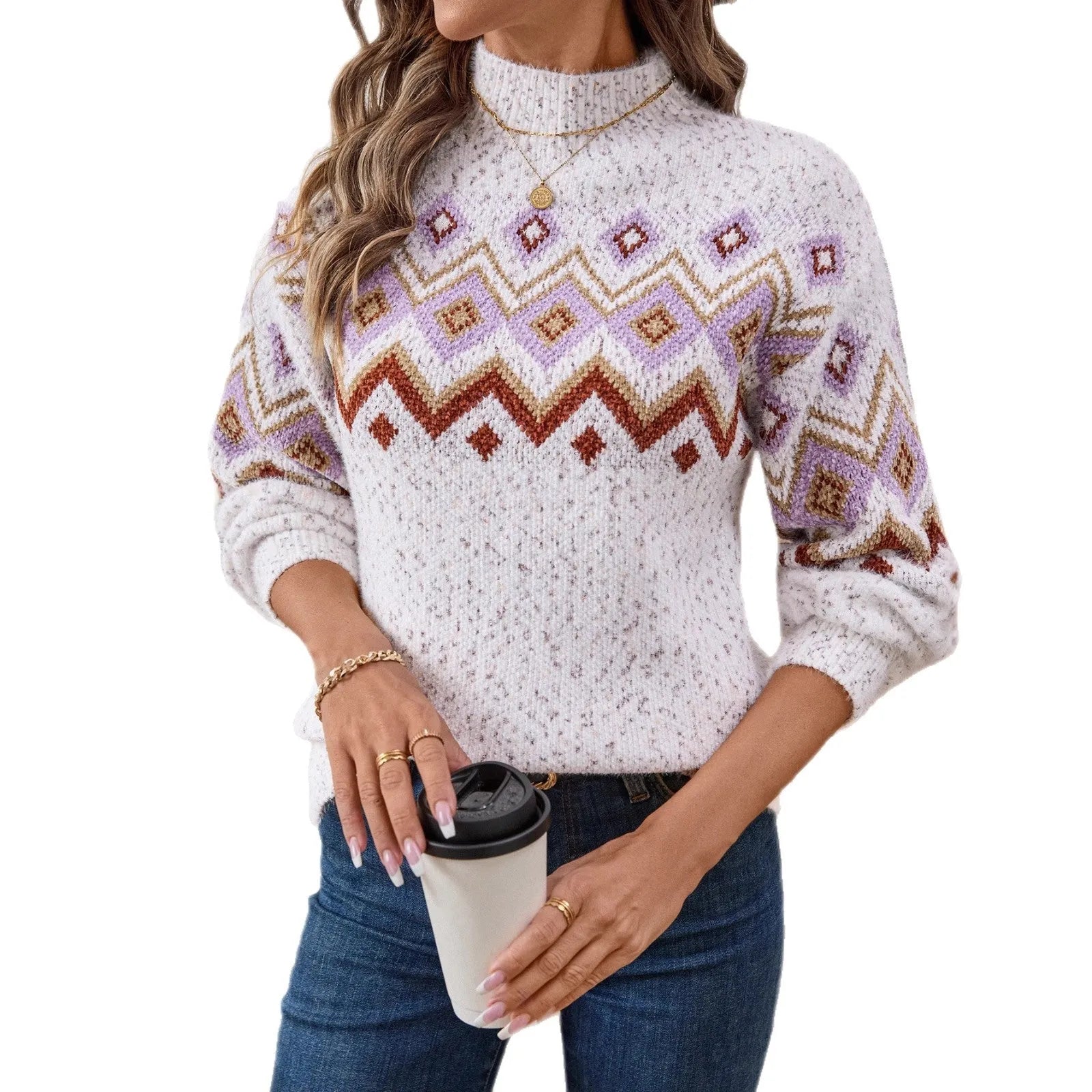 White loose half-turtleneck sweater with geometric jacquard pattern and long sleeves.