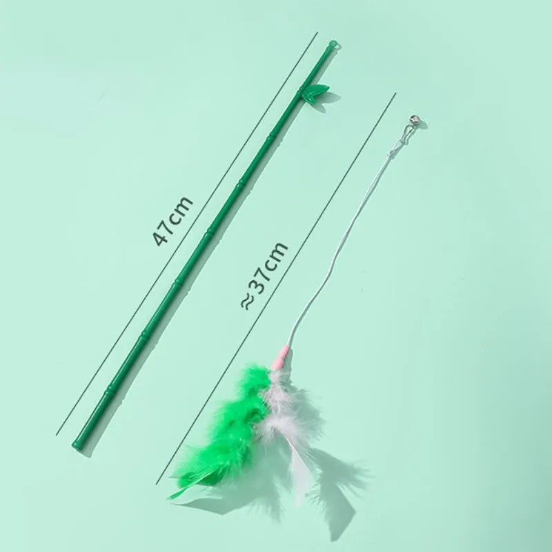 Green interactive cat feather wand toy with bells and durable construction for playful stimulation