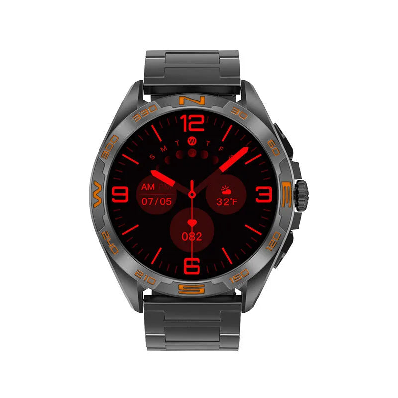 Smart watch displaying health metrics on IPS screen, in black steel colour with metal strap.