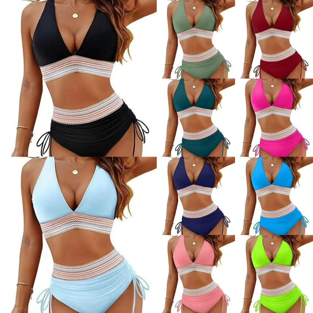 Women's high waist bikini split suit in solid colour polyester fabric, available in multiple sizes and colour options
