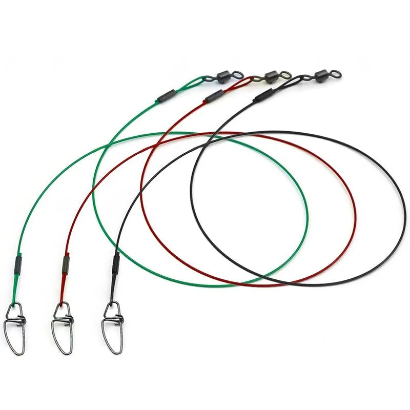 Set of ten 54 cm long green, black, and red fishing steel wire accessories with double buckle pins.