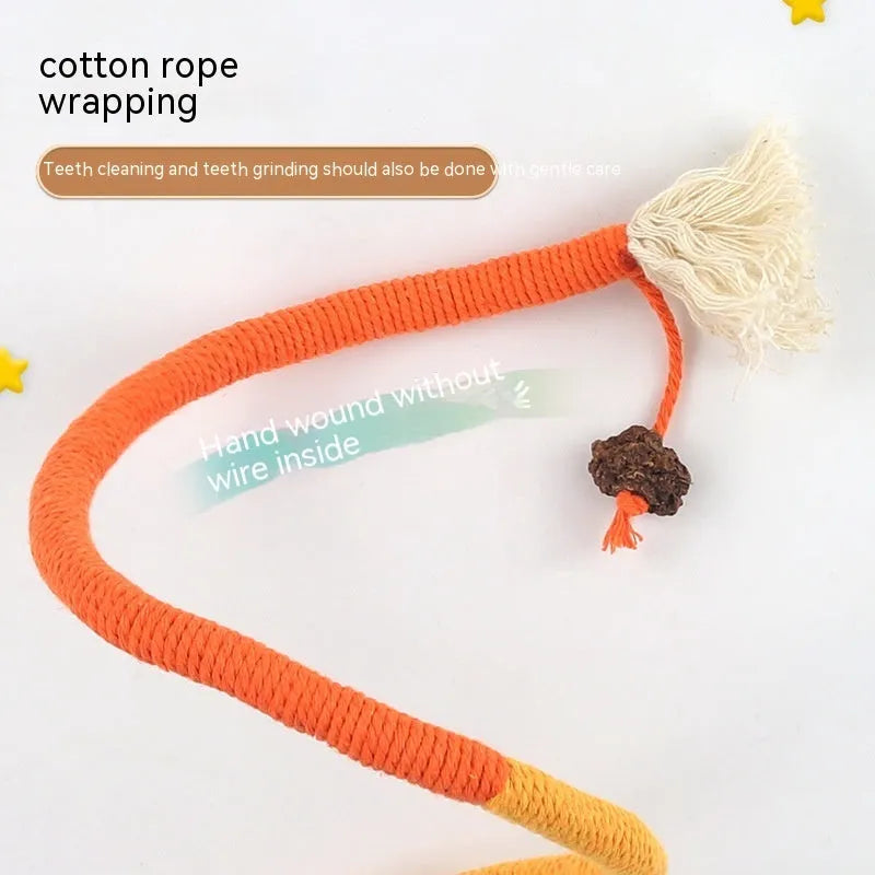 Cat bite rope toy in cotton thread with cat teaser stick, available in full orange absolute purple and traffic lights colours