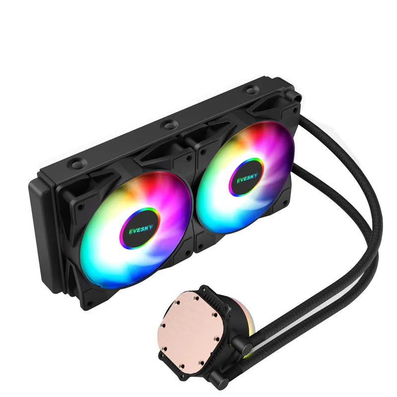 Aluminium CPU liquid cooling radiator with fan, available in 120mm, 240mm, and 360mm sizes with RGB lighting options.