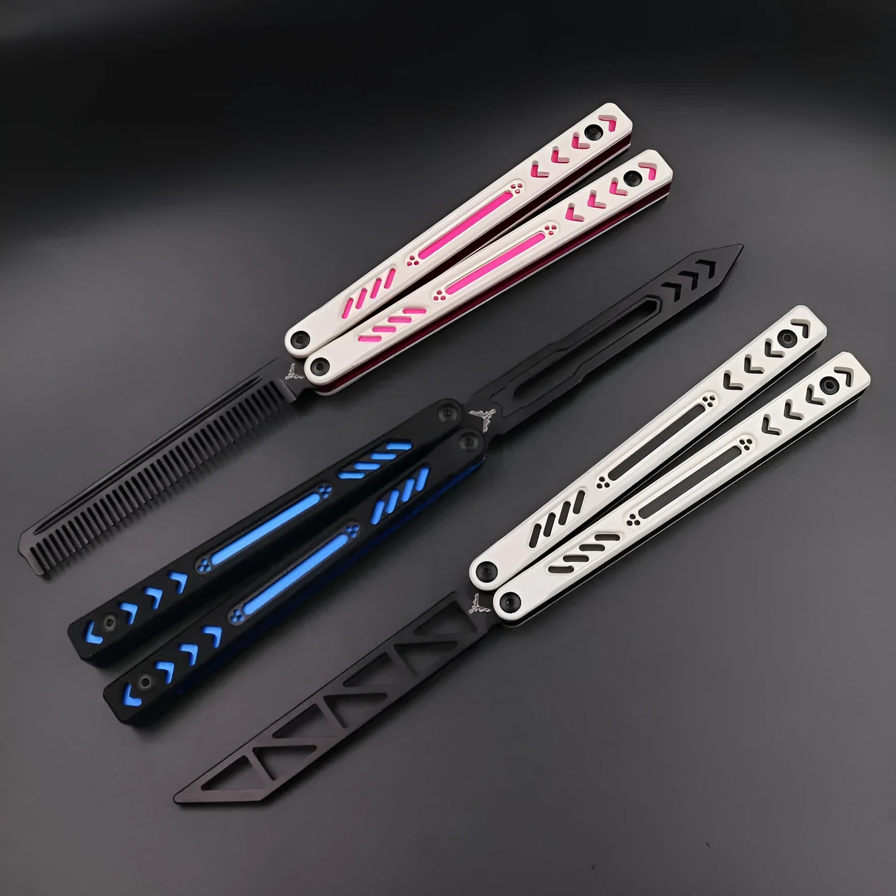 Aluminium-handled unbladed butterfly knife trainer with G10 grip patches