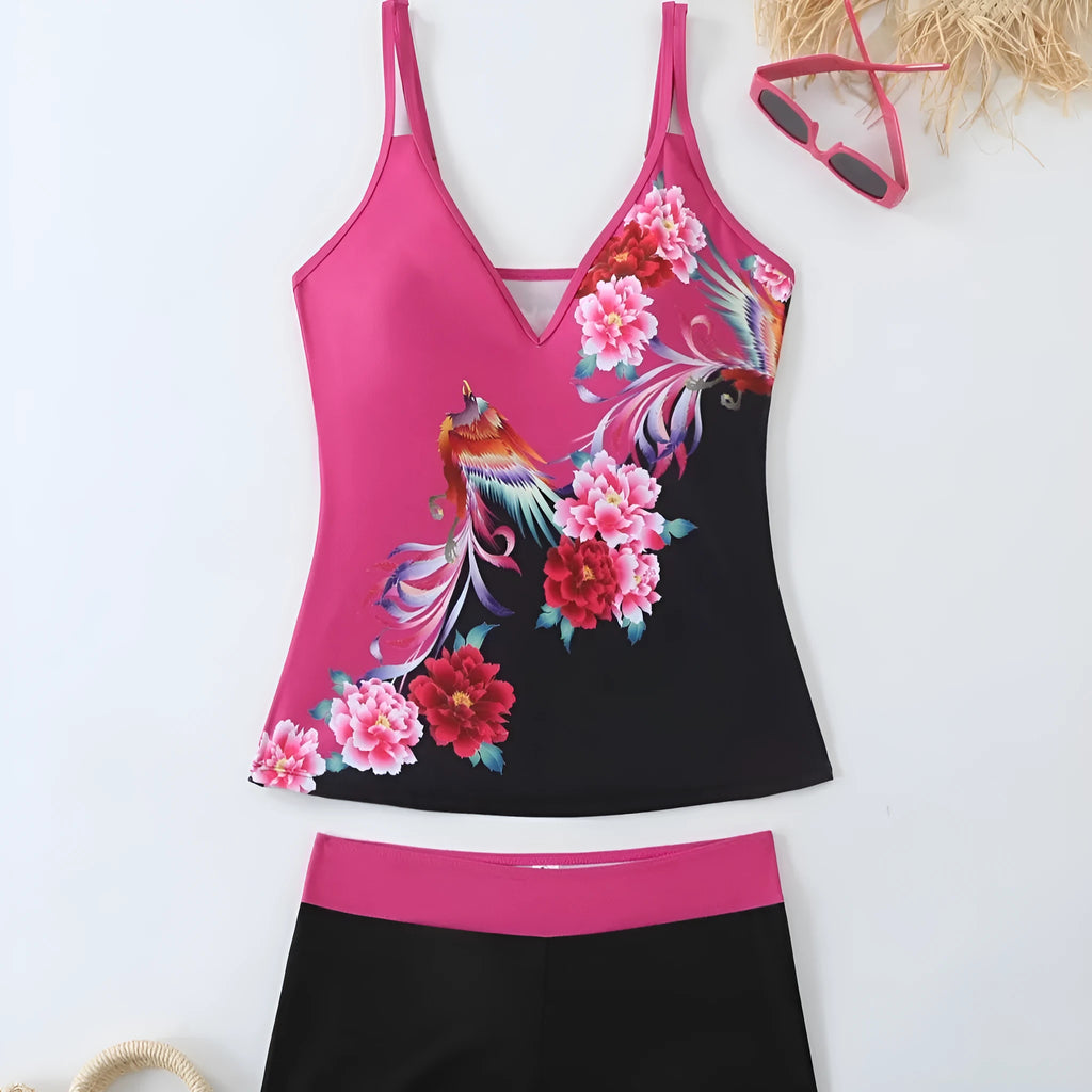 Women's plus size two-piece swimsuit in black or rose red printed colour with cotton lining