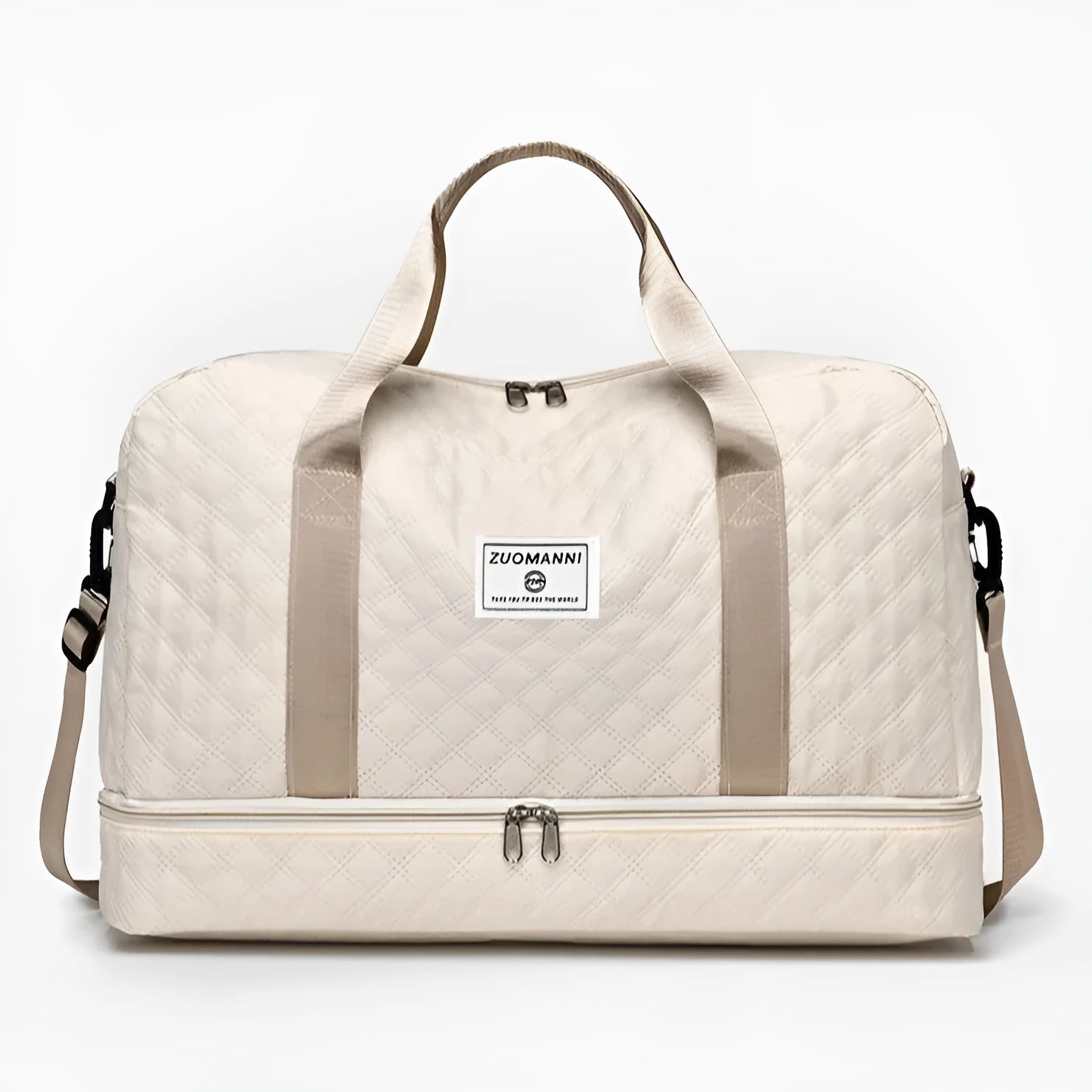 Large Oxford cloth travel bag in a solid colour with contrast stitching, shown with buggy and travel items.
