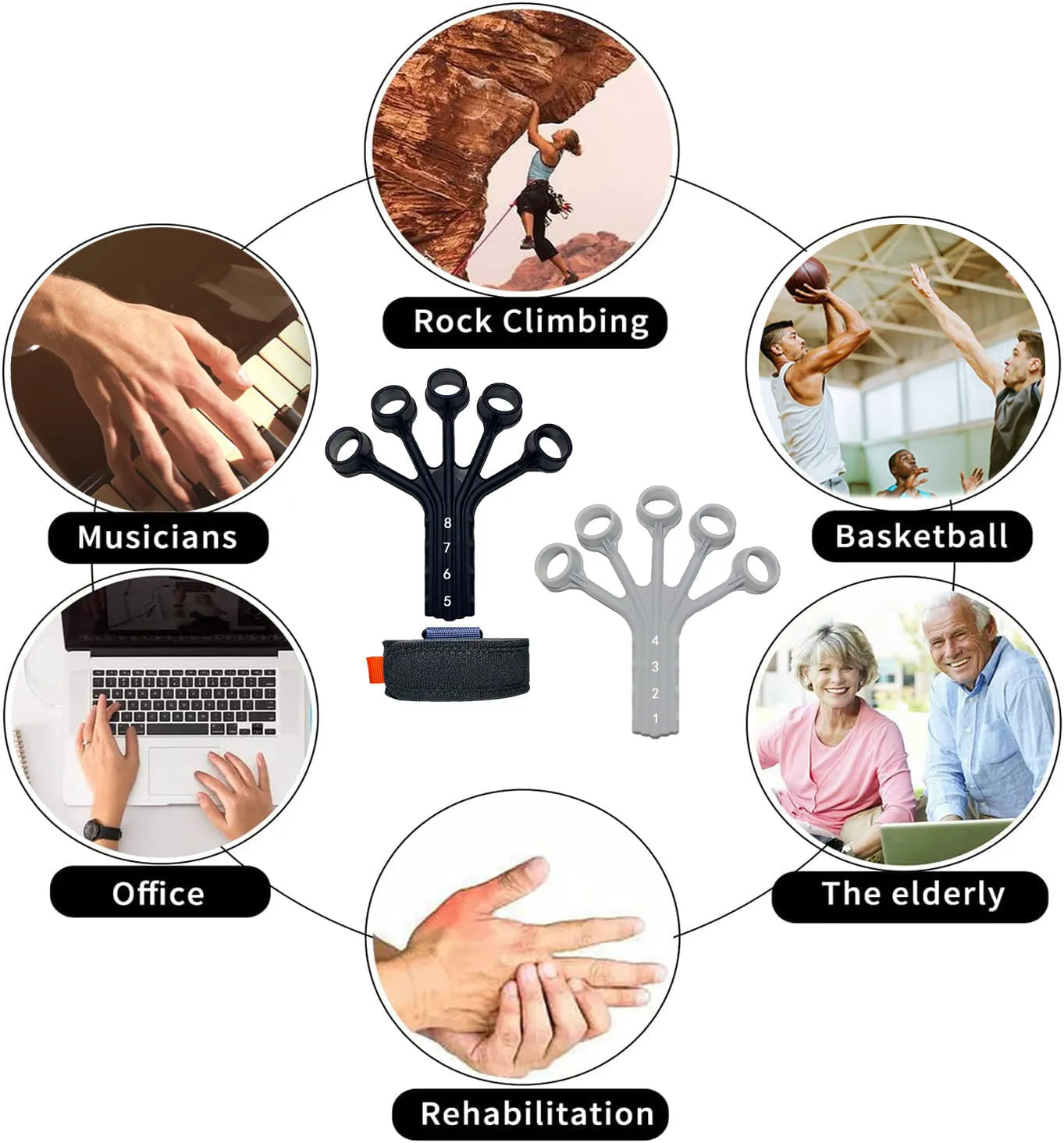 Black silicone finger flexion extension trainer with adjustable tension belt for hand rehabilitation