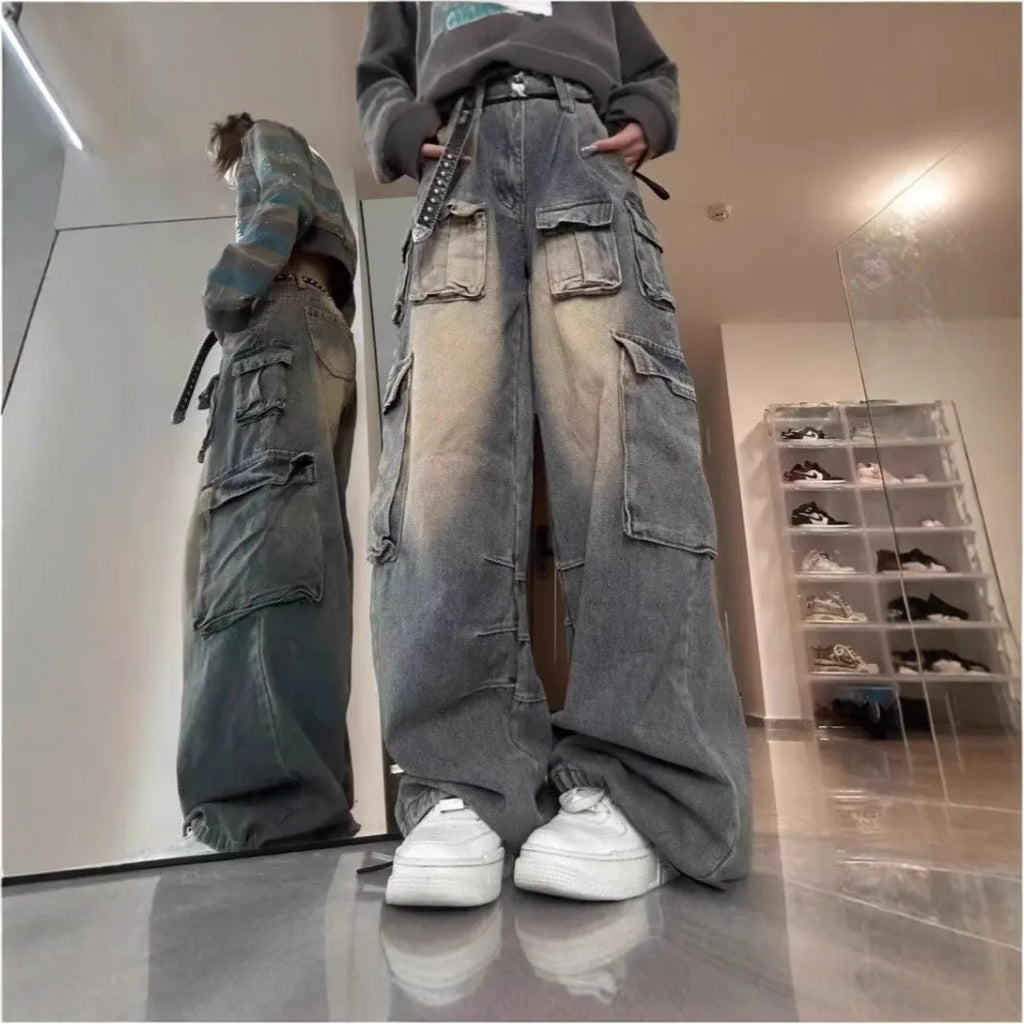 Men's loose fit jeans with multiple pockets in light blue washed distressed denim, street style straight leg
