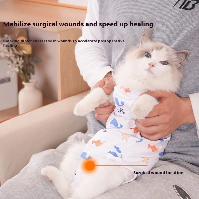 Polyester cat surgical recovery suit with Velcro fastenings in a printed design, sizes S M L XL.