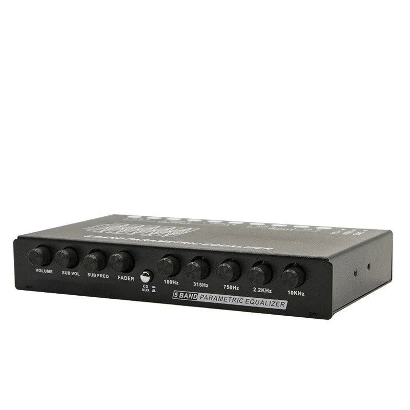 Black car audio EQ equaliser amplifier with control panel showing frequency and volume adjustments