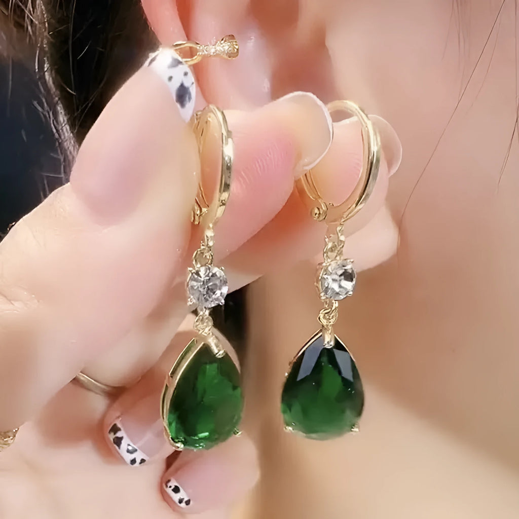 Emerald green geometric teardrop earrings with leverback fastenings