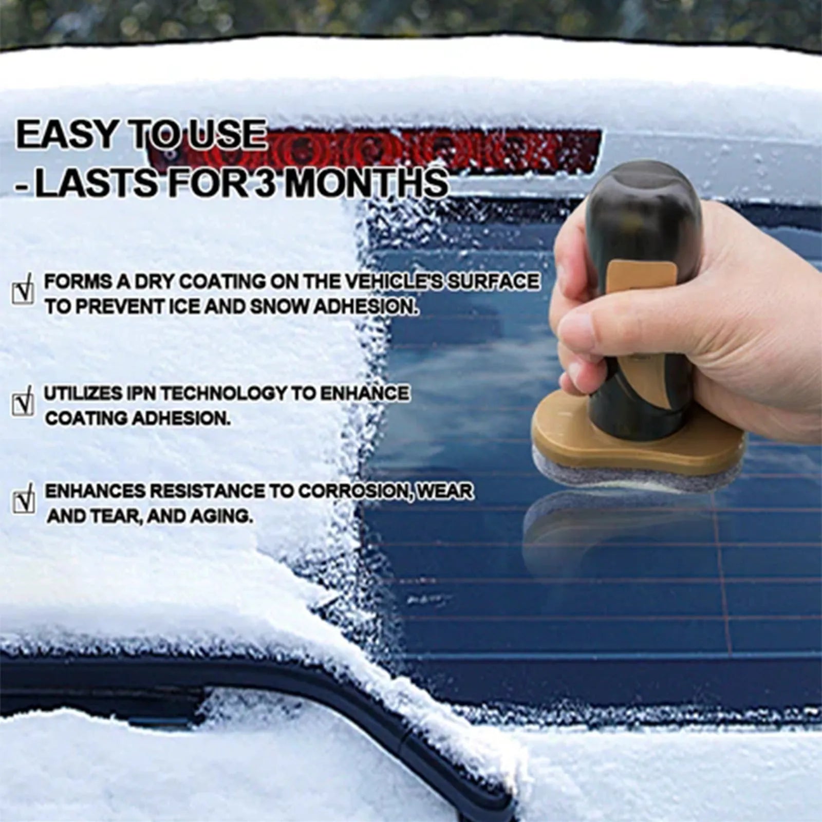 Compact car snow brush with hydrophobic nano coating measuring 5x9x14cm