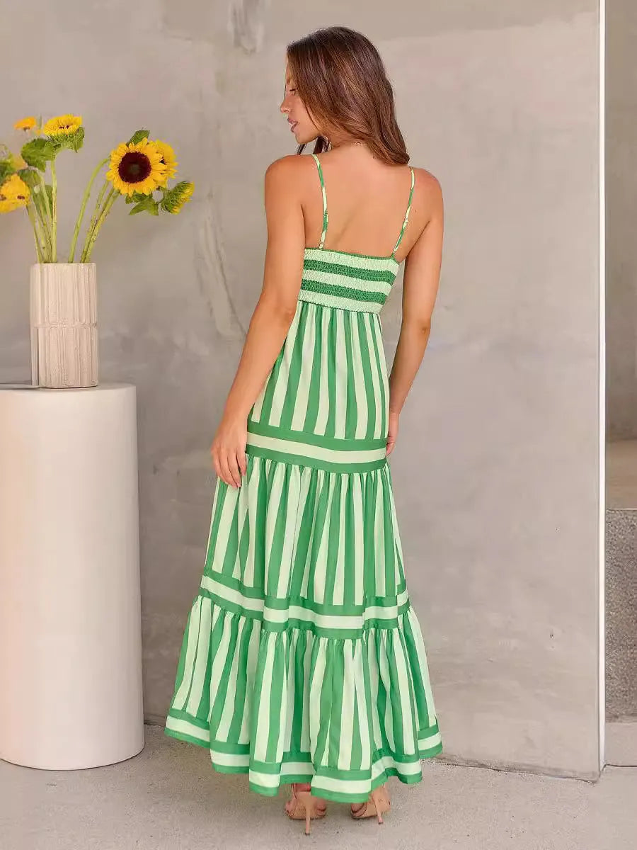 Women's striped printed summer dress with square neckline, backless design and pockets