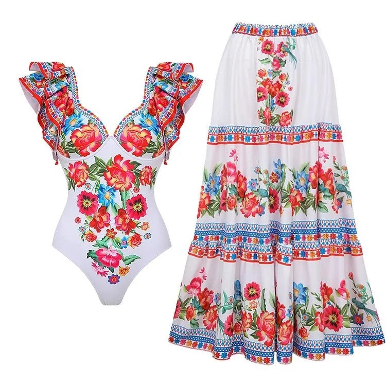 Women's printed polyester one-piece swimsuit in floral or geometric patterns