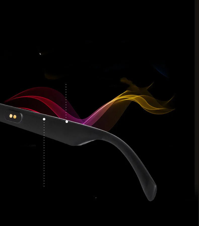 Black Bluetooth smart glasses with semi-open ear speakers and interchangeable lenses on a table with case.