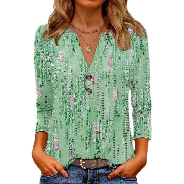 Women's casual loose fit V-neck top with 3D pattern in Japanese Korean style
