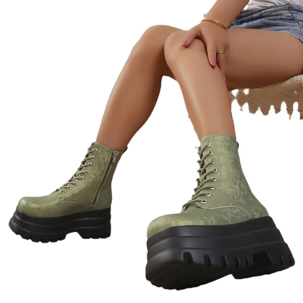 Women's white retro platform Martin boots with patchwork design, chunky heel, and side zipper