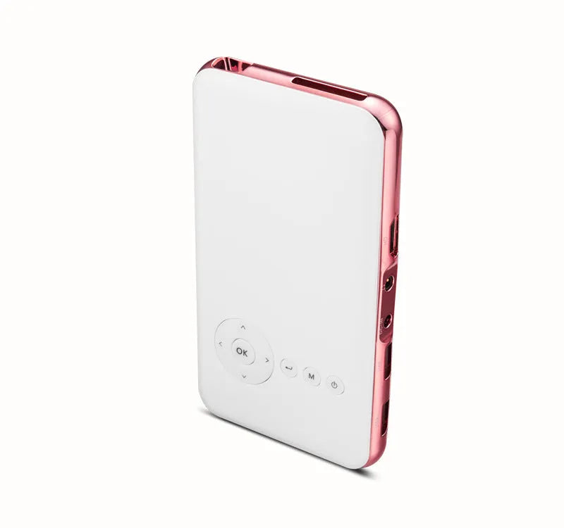 M6S miniature portable Android DLP projector in white rose gold finish showing compact dimensions