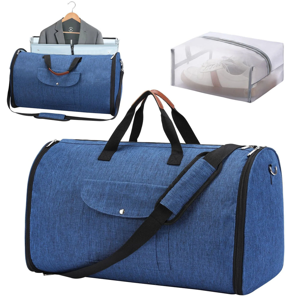 Dark blue folding duffel bag with luggage straps showing 36-55L capacity for business travel