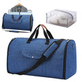 Dark blue folding duffel bag with luggage straps showing 36-55L capacity for business travel