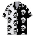 Blue tropical print men's short-sleeve Cuban collar shirt laid flat.