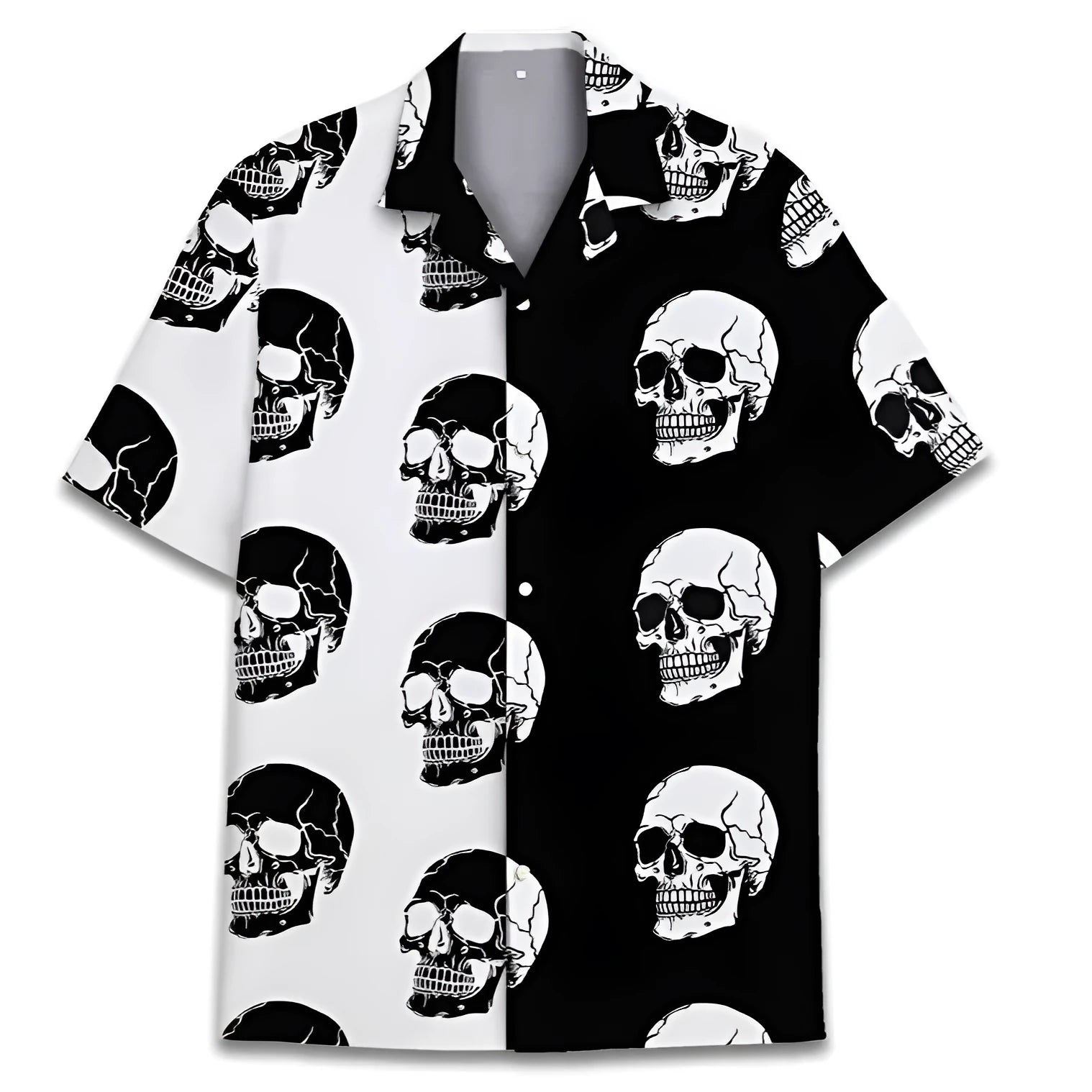 Blue tropical print men's short-sleeve Cuban collar shirt laid flat.