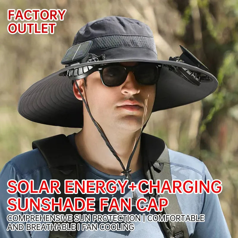 Man wearing a beige solar-powered fan hat with a neck flap outdoors.