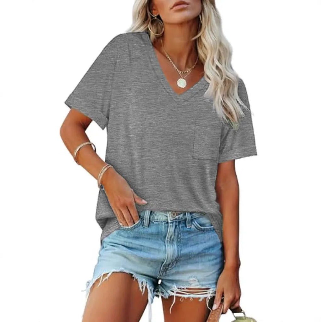 Grey loose fit V-neck t-shirt with chest pocket in casual polyester fabric