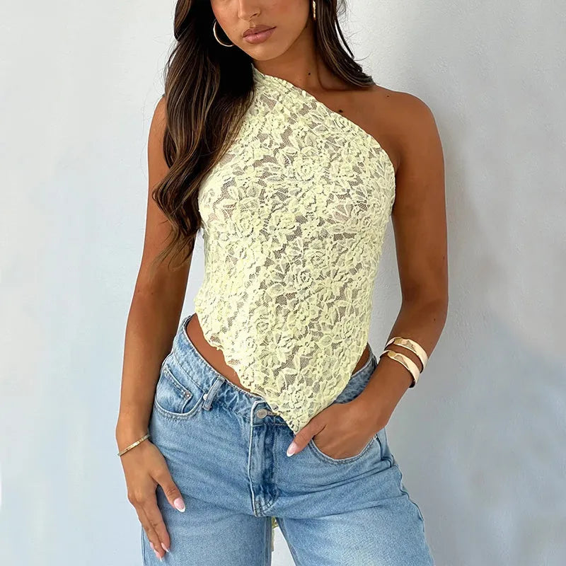 Women's lace backless vest with asymmetrical neckline in slim fit street hipster style