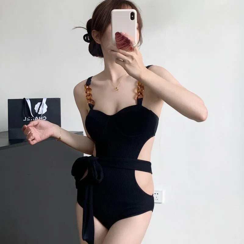 One-piece swimsuit with jumpsuit suspender style, small chest gather, high waist, backless, solid colour, women's swimwear