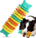 Blue green and pink natural rubber caterpillar-shaped dog chew toy on a white background