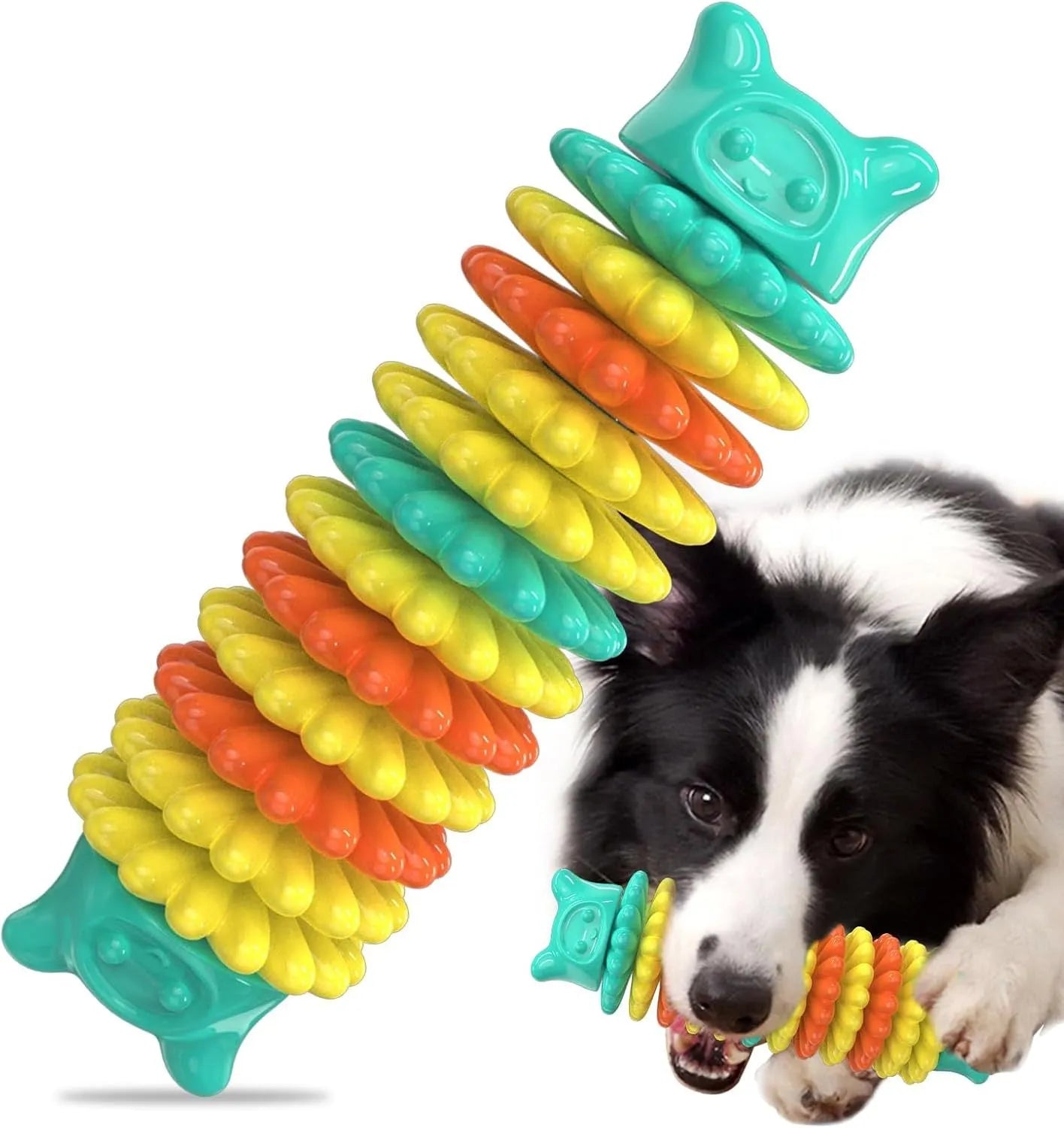 Blue green and pink natural rubber caterpillar-shaped dog chew toy on a white background
