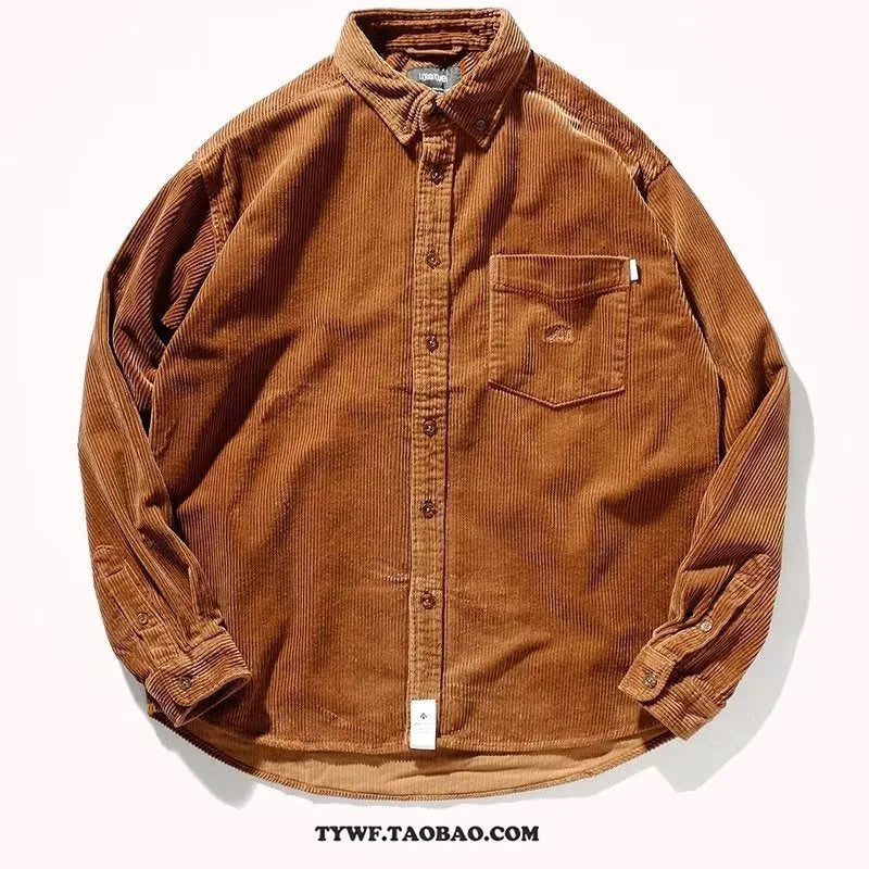 Men's loose fit corduroy cardigan shirt in caramel colour with long sleeves and casual styling