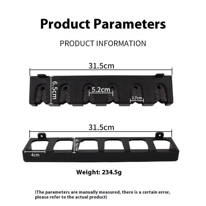 Black ABS plastic wall-mounted fishing rod holder showing vertical and horizontal mounting options