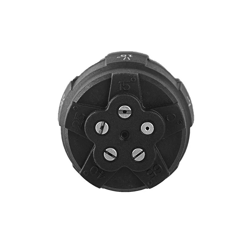 Five-in-one spray nozzle for high-pressure water guns showing engineering plastic construction