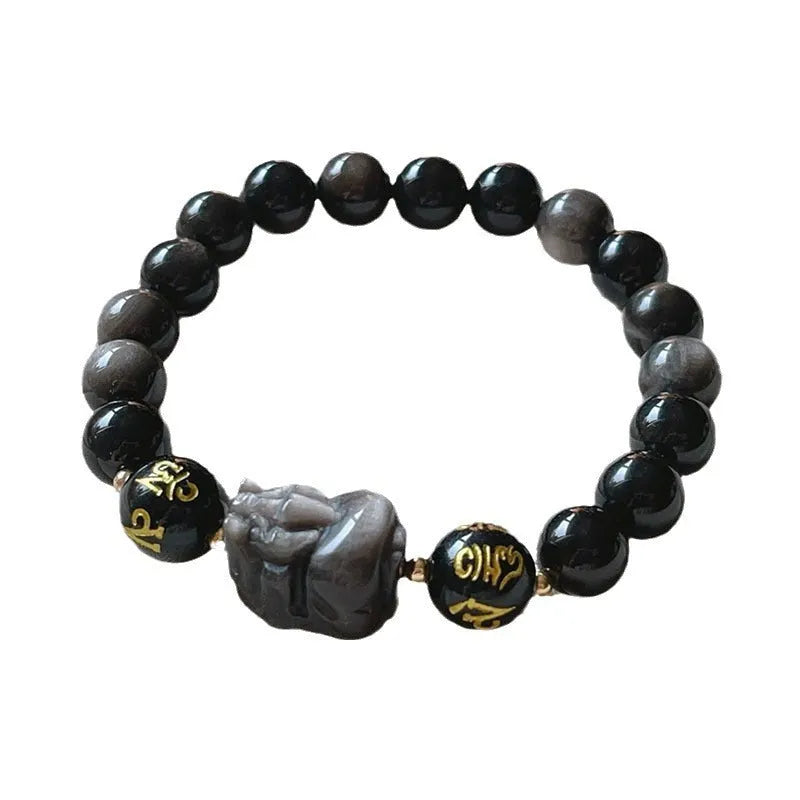 Men's silver stone bracelet with Chinese beaded design featuring zodiac symbols