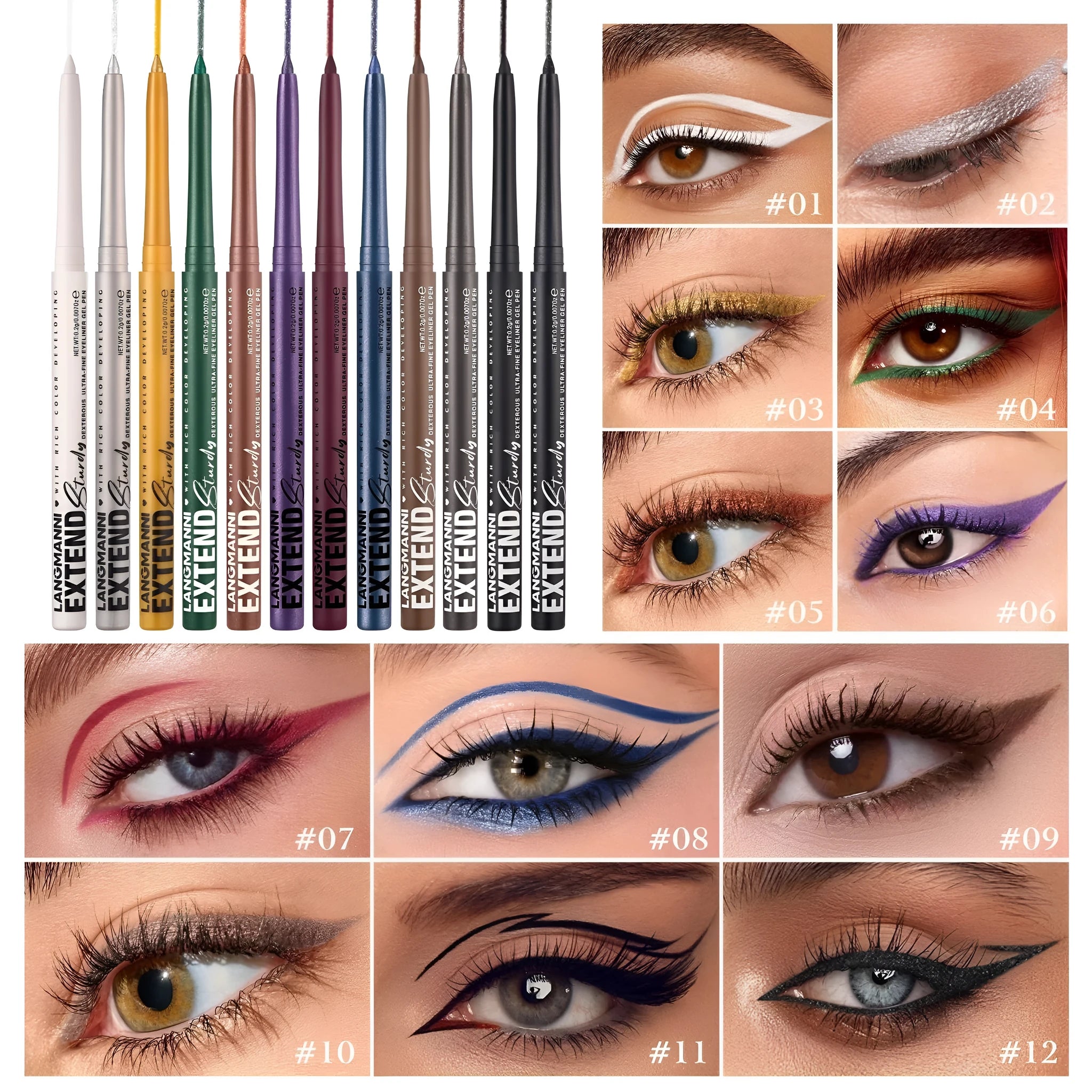 12 colourful gel eyeliner pencils showing matte glitter metallic and pearl finishes