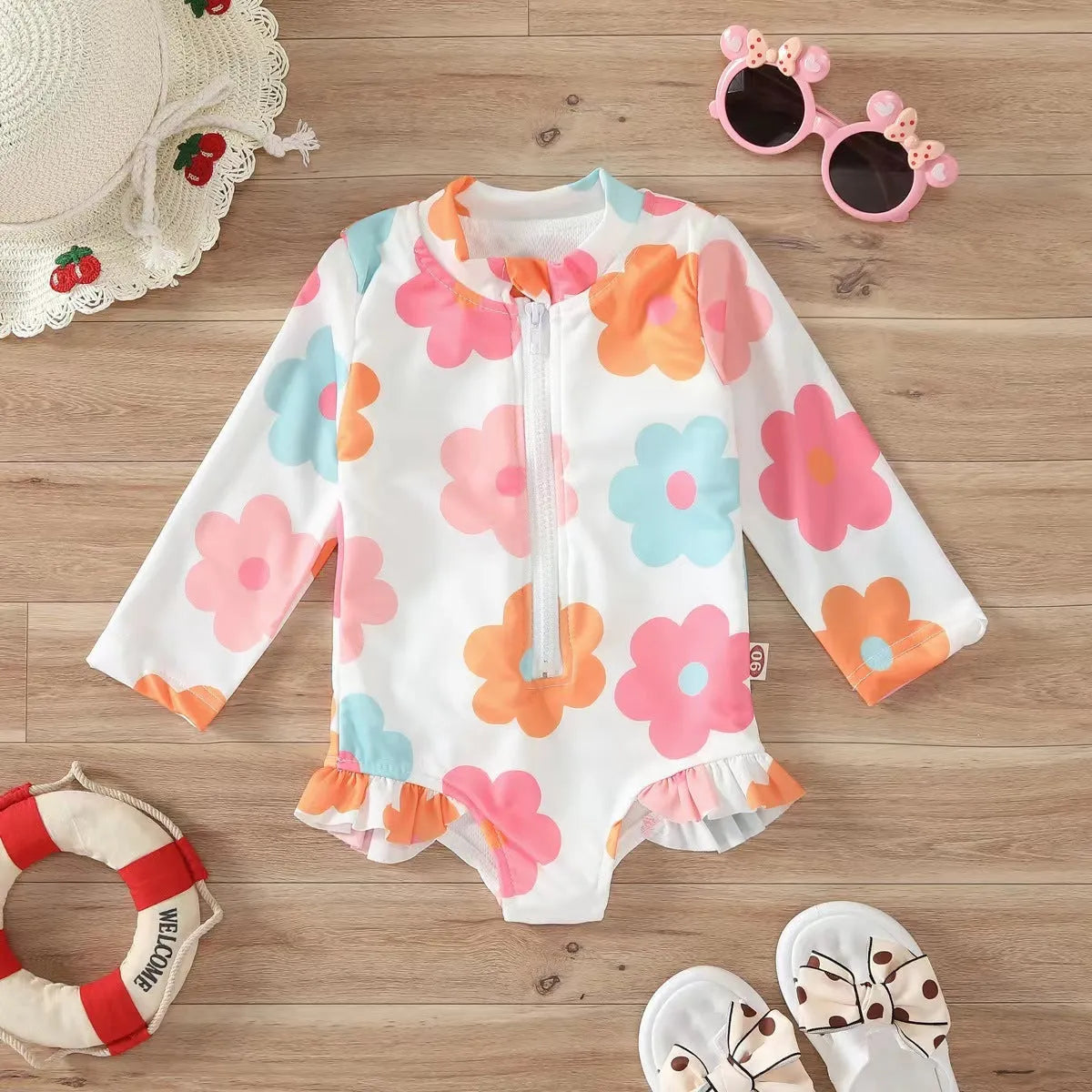 Girls' floral pattern zipper romper swimsuit in pink, polyester and spandex, side view