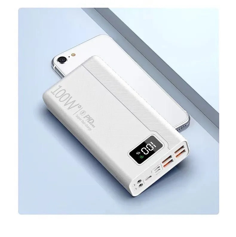 Large capacity power bank in black plastic shell showing front view with dimensions 150 x 76 mm