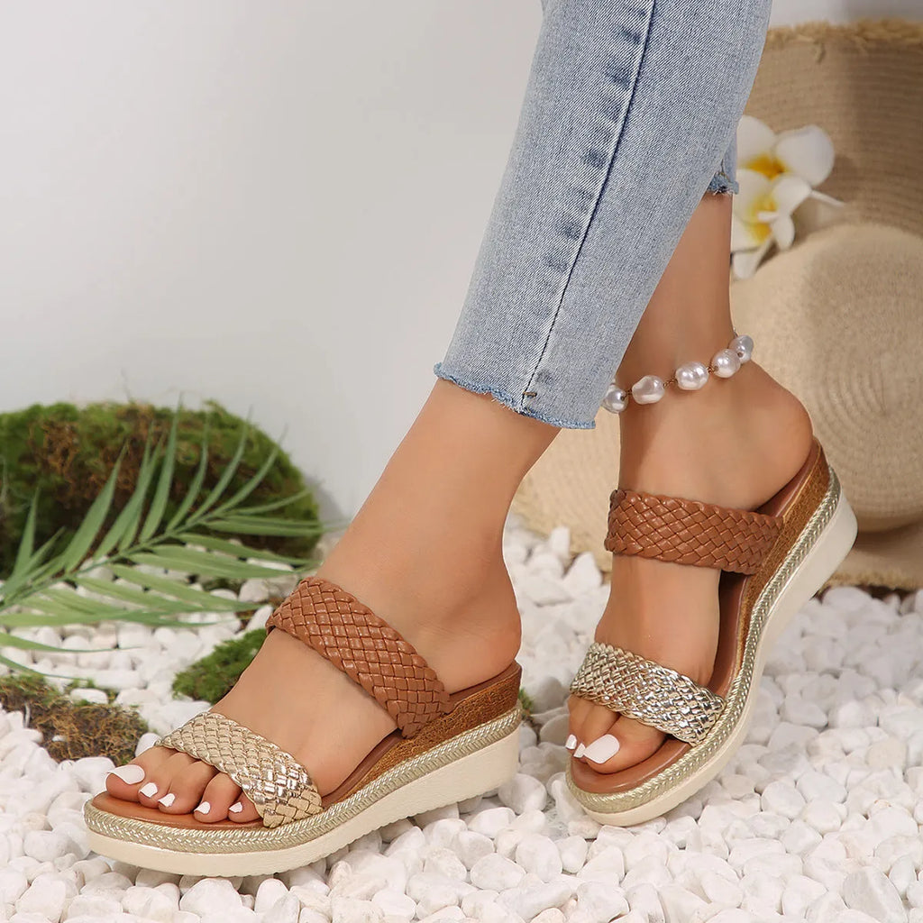 Women's gold and silver wedge sandals with PU upper and rubber sole in sizes 36-43
