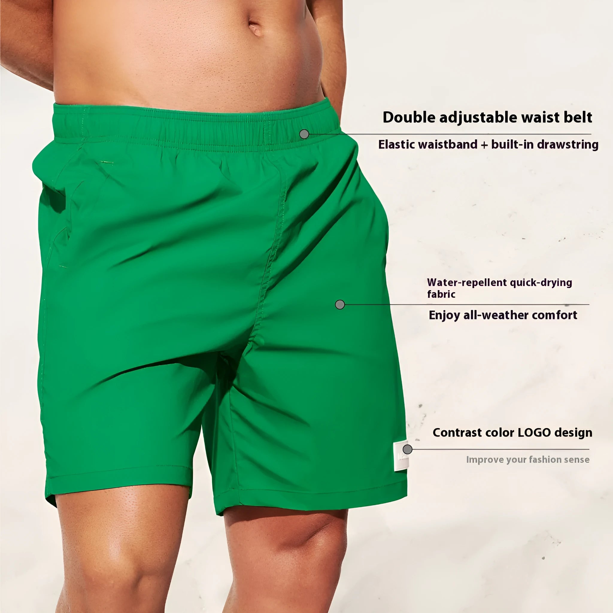 Men's solid colour quick-dry nylon sports shorts with straight leg opening.