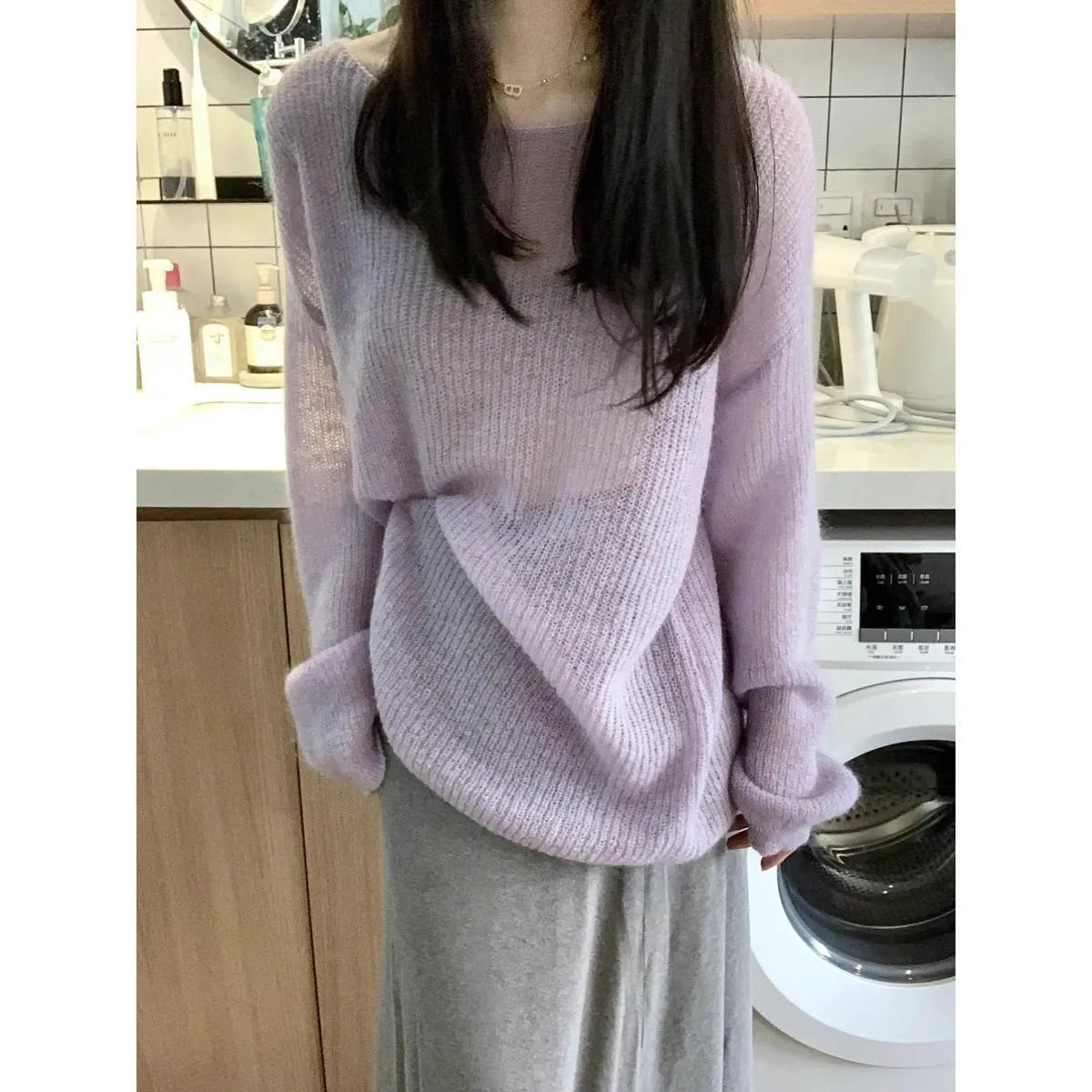 Purple women's blouse with hollow out patterns and princess sleeves in ice silk fabric