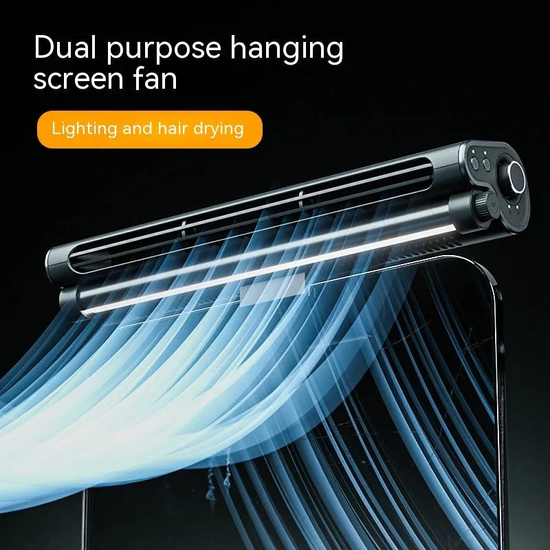 Black USB bladeless fan with clip-on laptop mount and integrated LED lighting