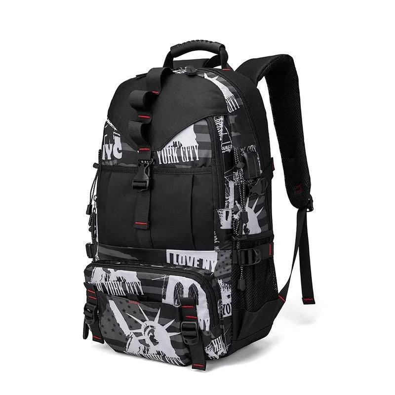 Men's large black waterproof Oxford cloth hiking backpack with anti-theft features