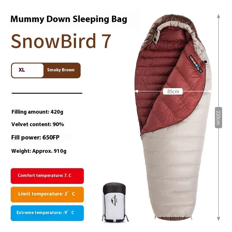 Mummy-style goose down sleeping bag for adults in a storage bag, showing size label options.
